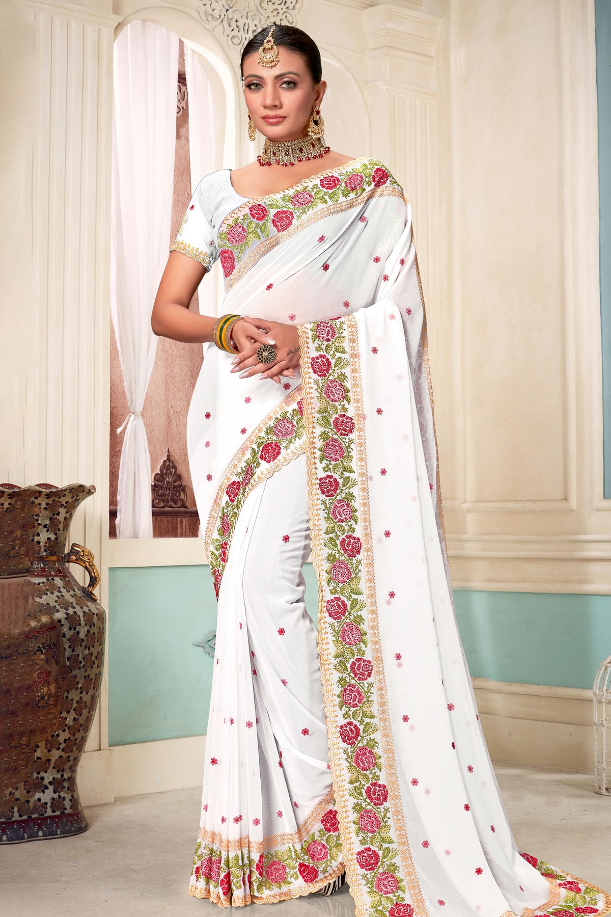 White Colour Georgette Designer Saree