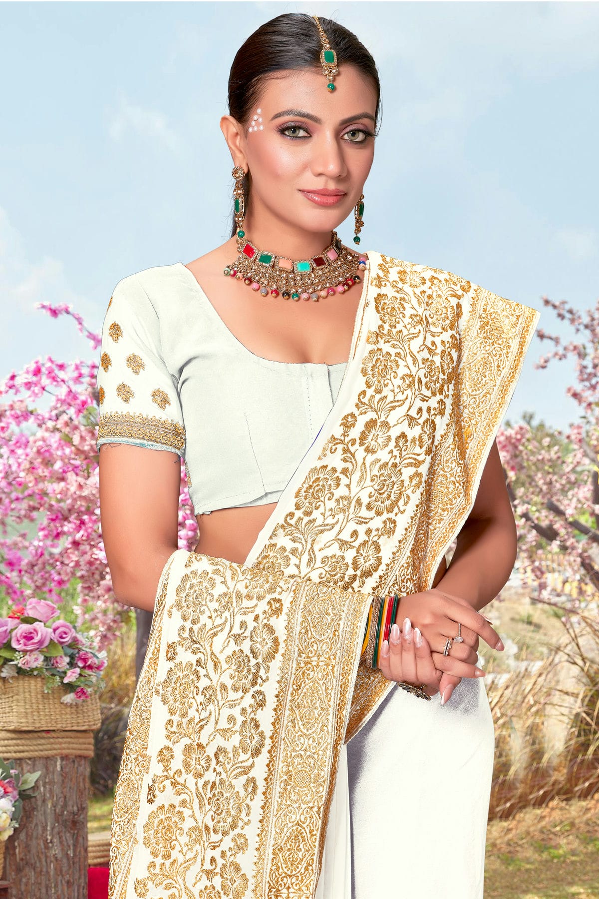 White Colour Georgette Designer Saree