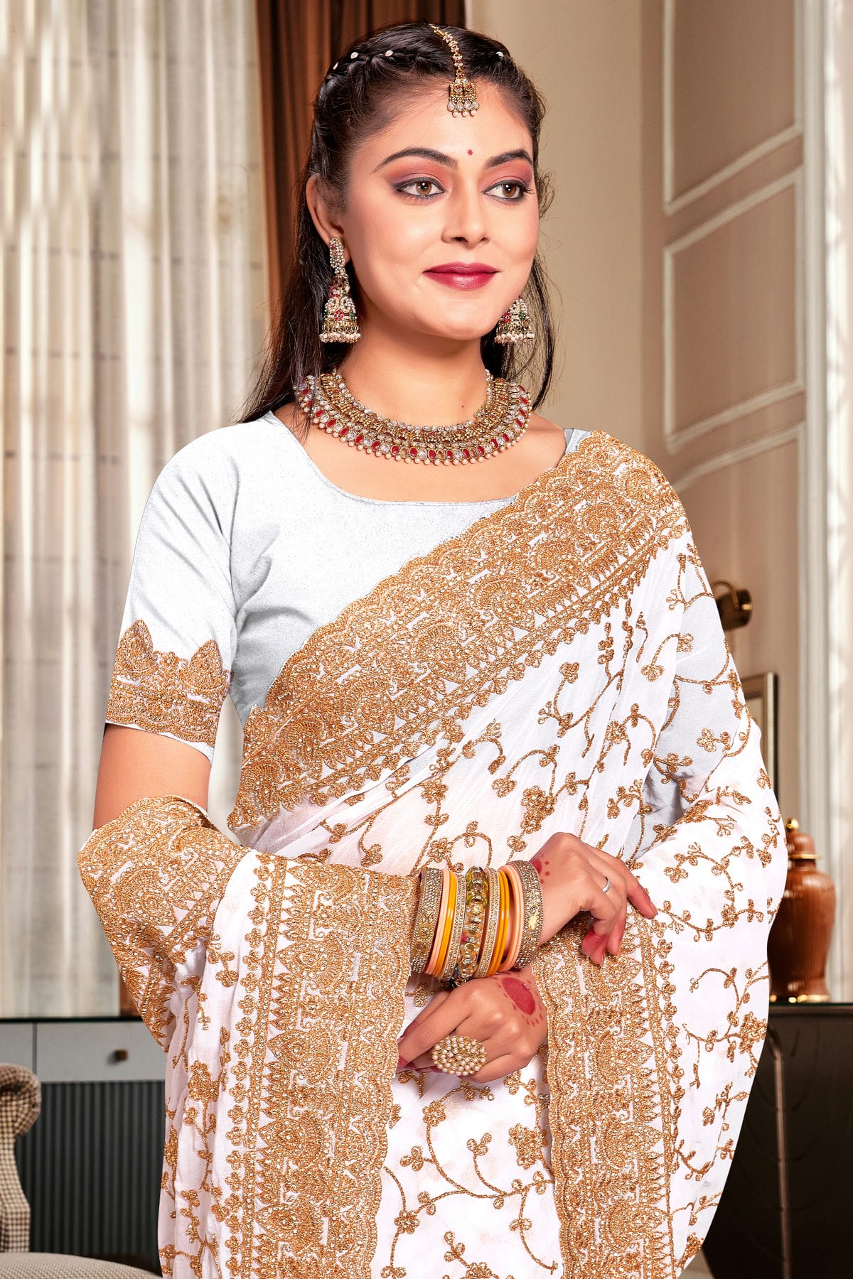 White Colour Georgette Designer Saree