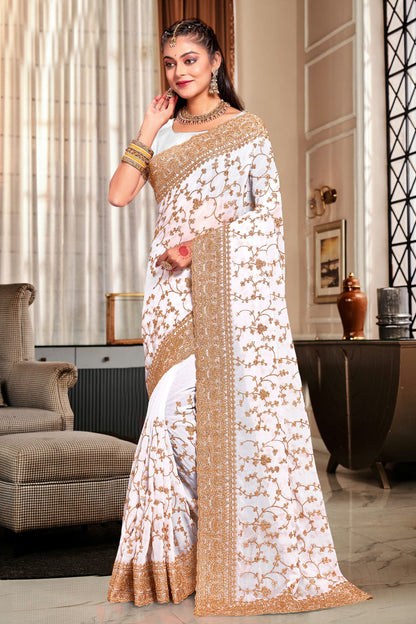 White Colour Georgette Designer Saree