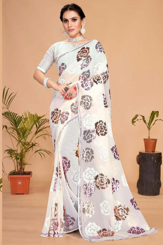 White Colour Georgette Designer Saree