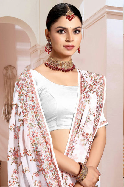 White Colour Georgette Designer Saree