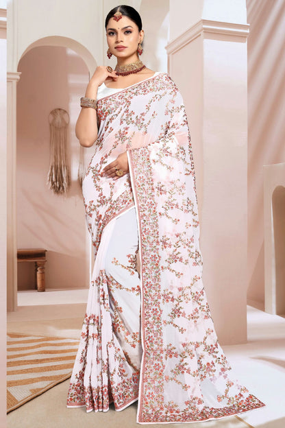 White Colour Georgette Designer Saree