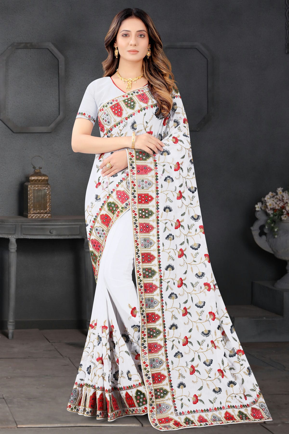 White Colour Georgette Designer Saree