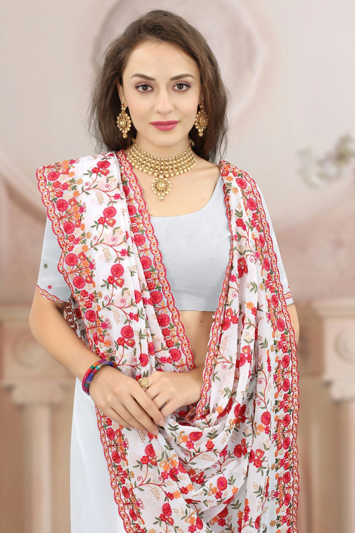 White Colour Georgette Designer Saree