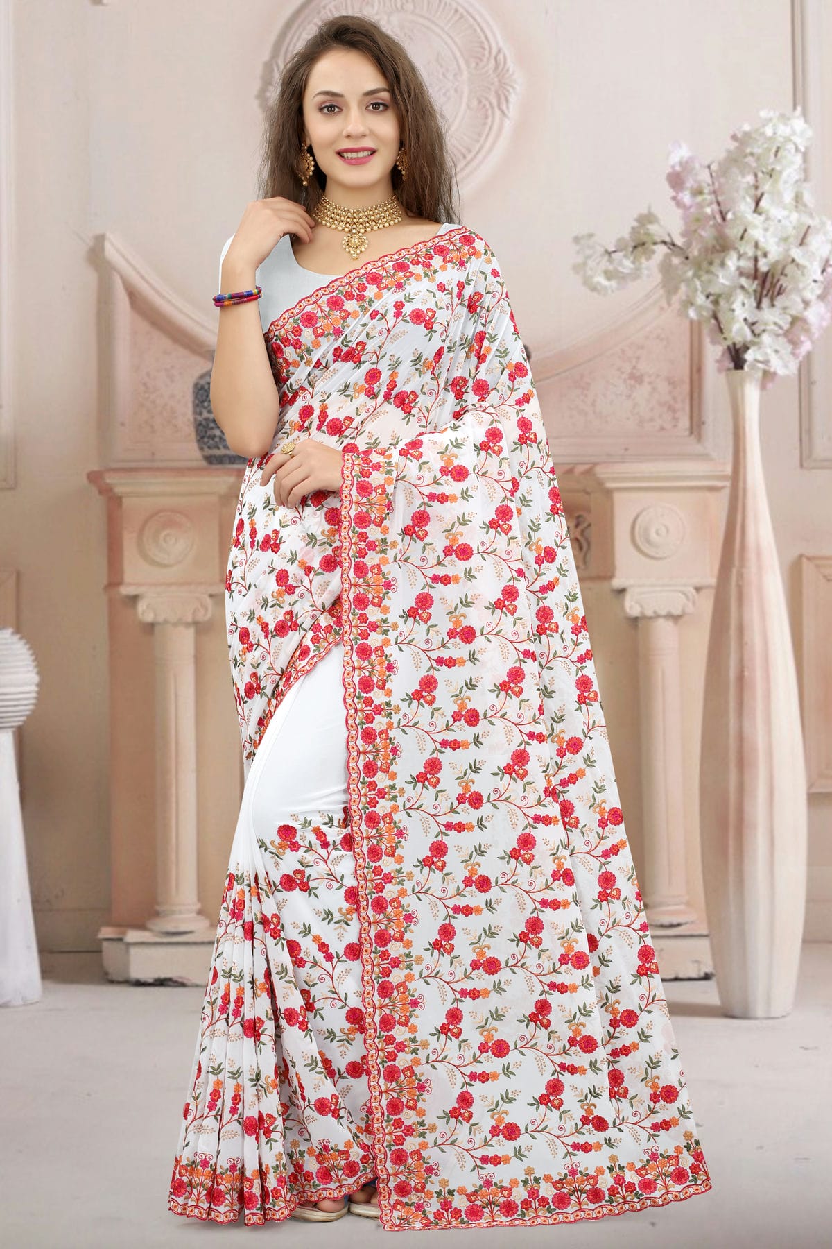 White Colour Georgette Designer Saree