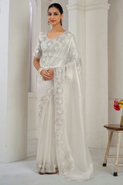 White Colour Jute Coting Silk Designer Saree