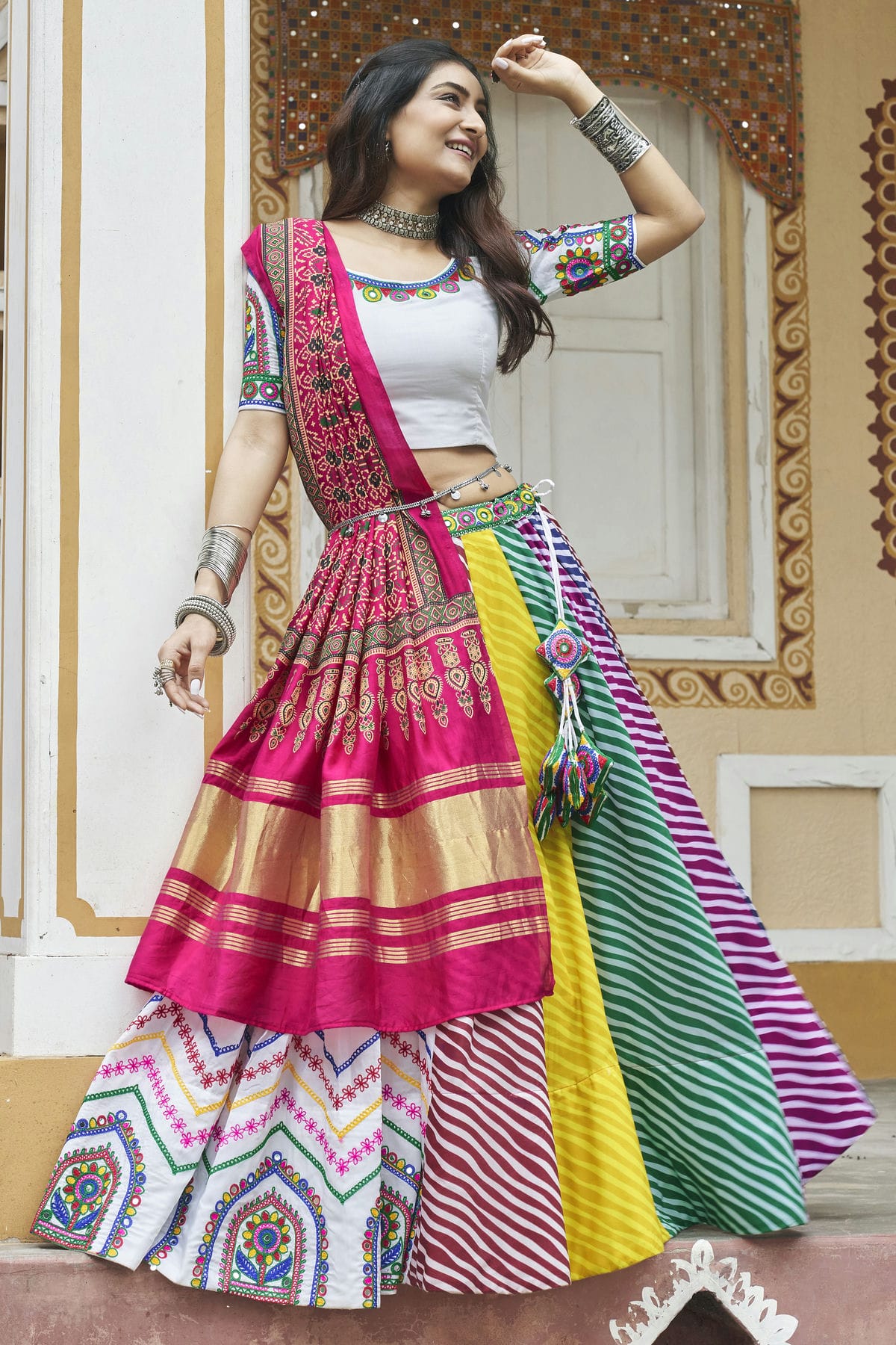 White Colour Maslin Cotton Navratri Lehenga