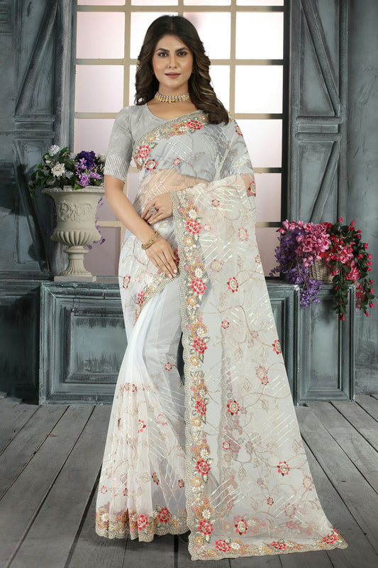 White Colour Net Designer Saree