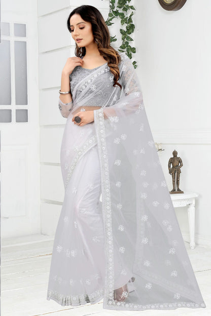 White Colour Net Designer Saree