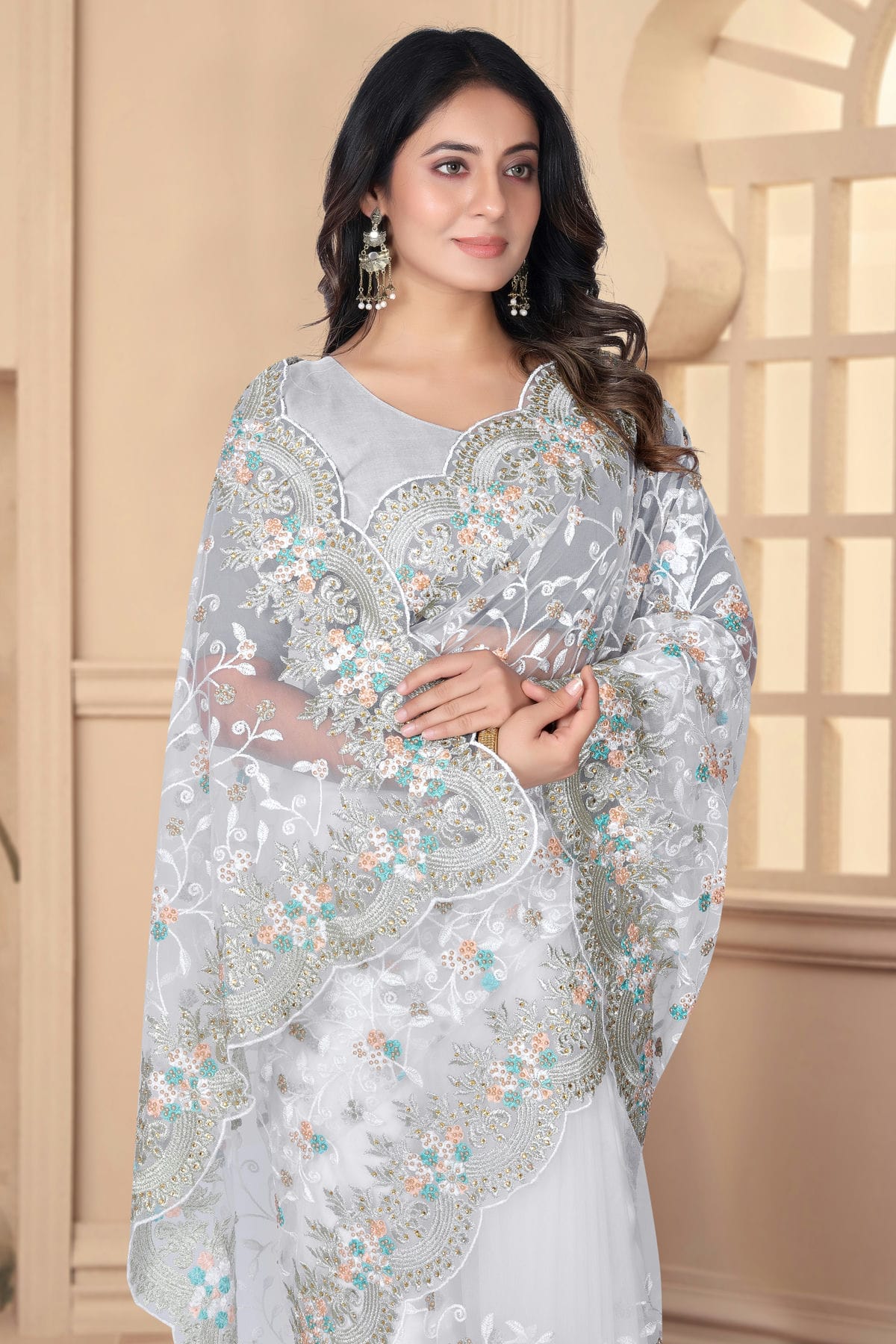 White Colour Net Designer Saree