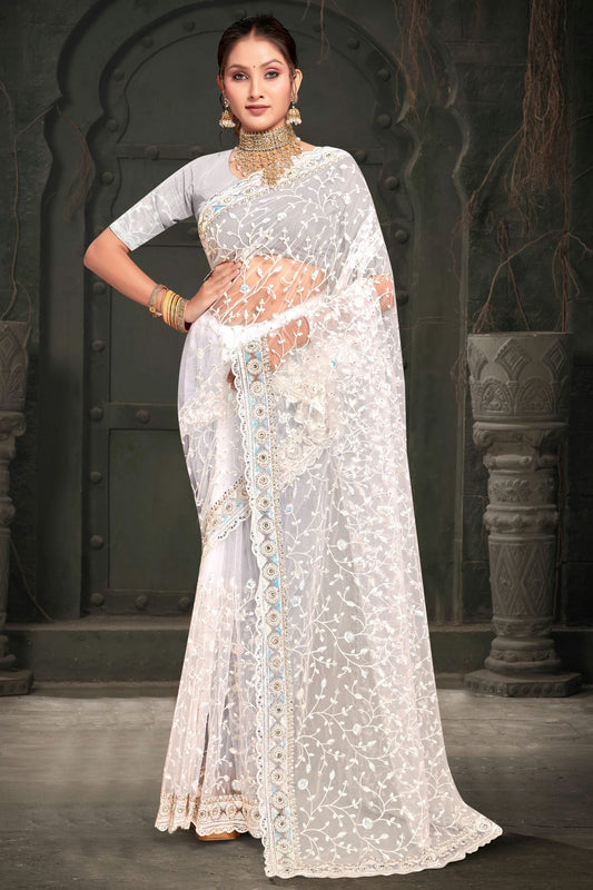 White Colour Net Designer Saree