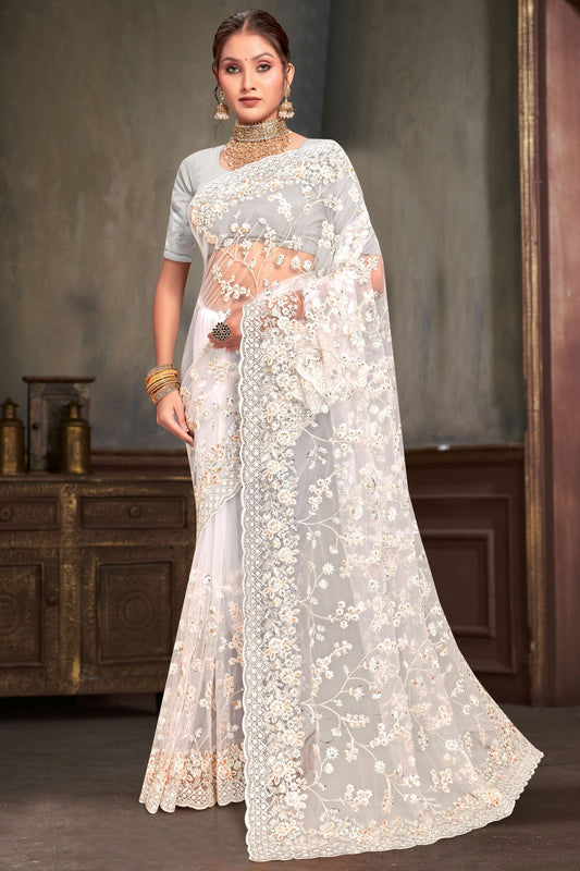 White Colour Net Designer Saree