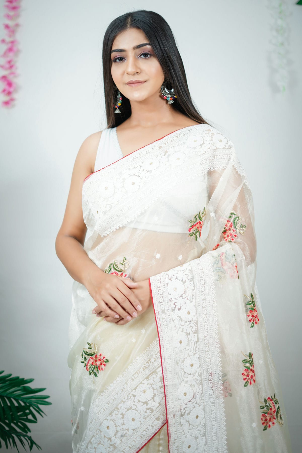 White Colour Organza Saree