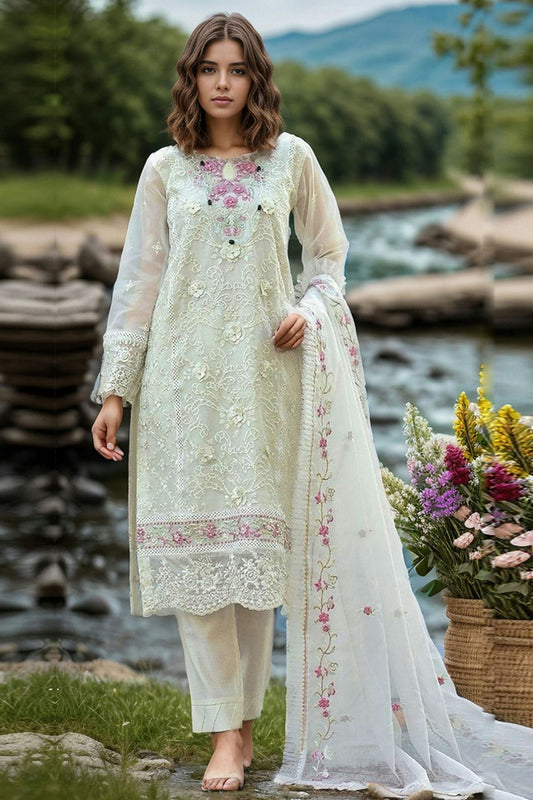 White Colour Organza Semi Stitched Pakistani Suit