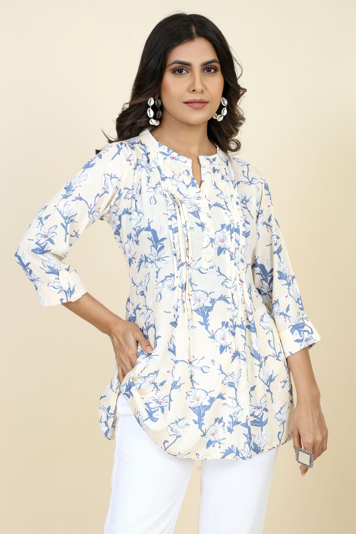 White Colour Rayon Printed Work Readymade Top