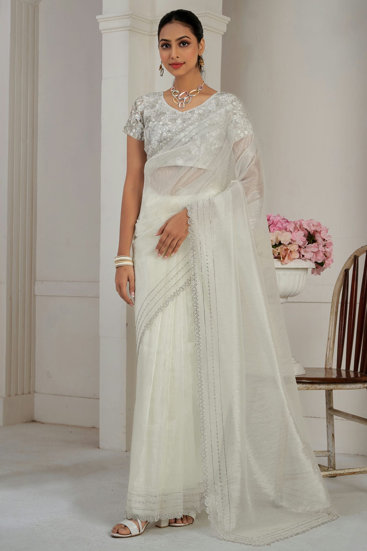 White Colour Soft Organza Designer Saree