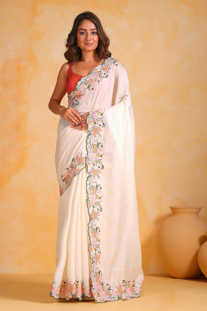 White Colour Tussar Silk Saree