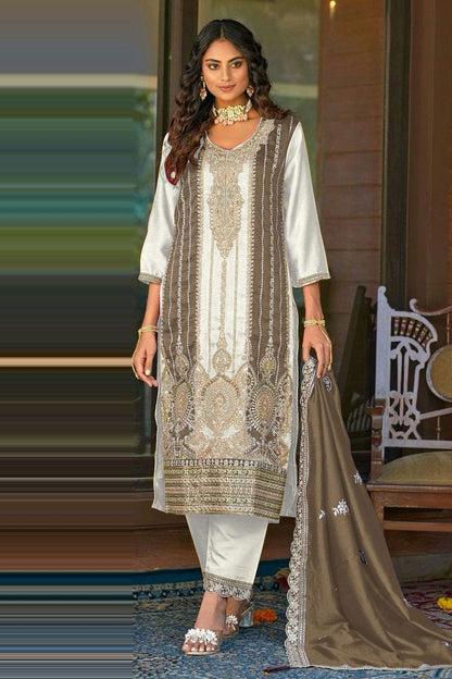 White Colour Vichitra Silk Straight Suit