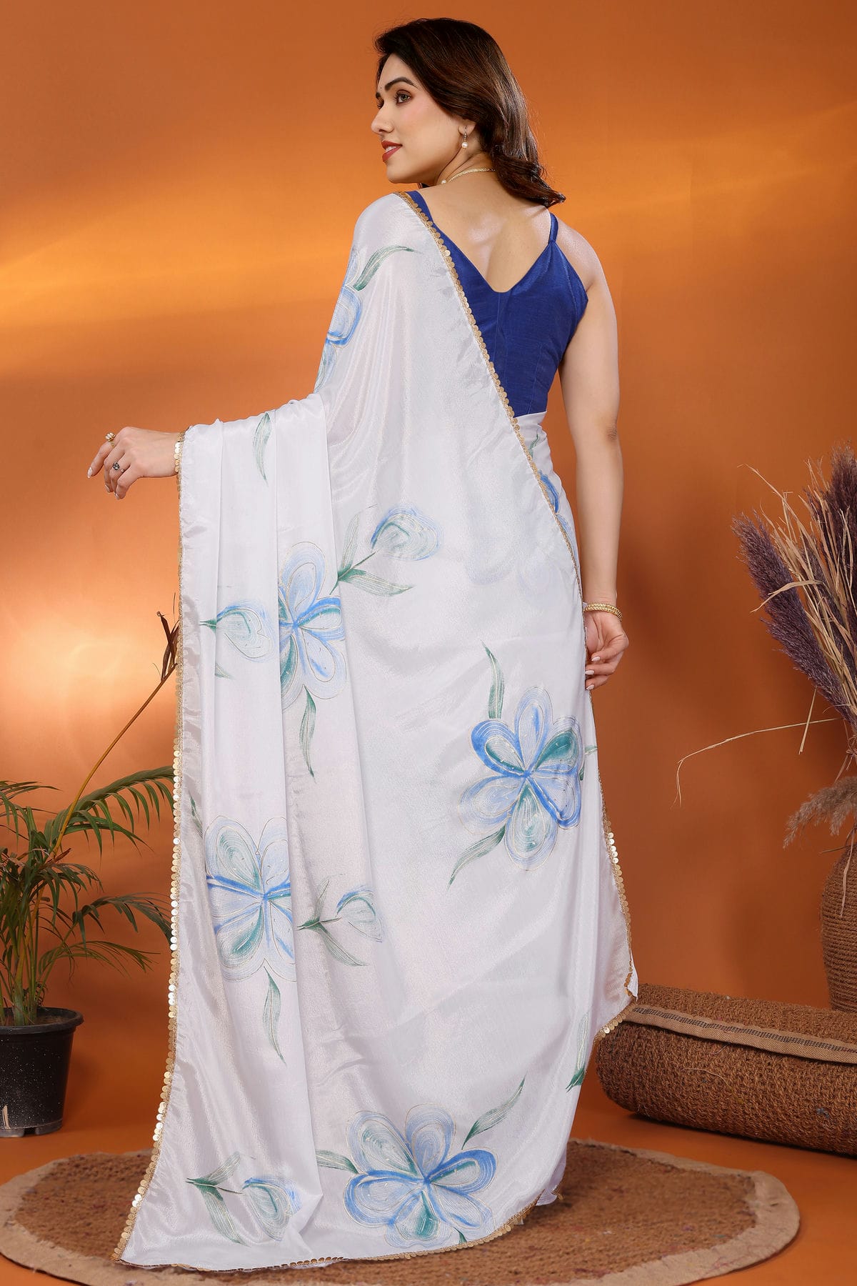 White and Blue Colour Chinon Chiffon Printed Saree VSSD1180213