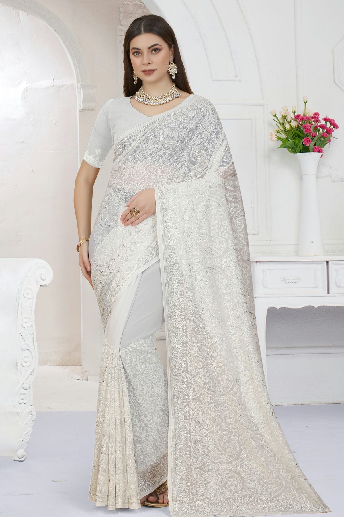 White Colour Georgette Saree