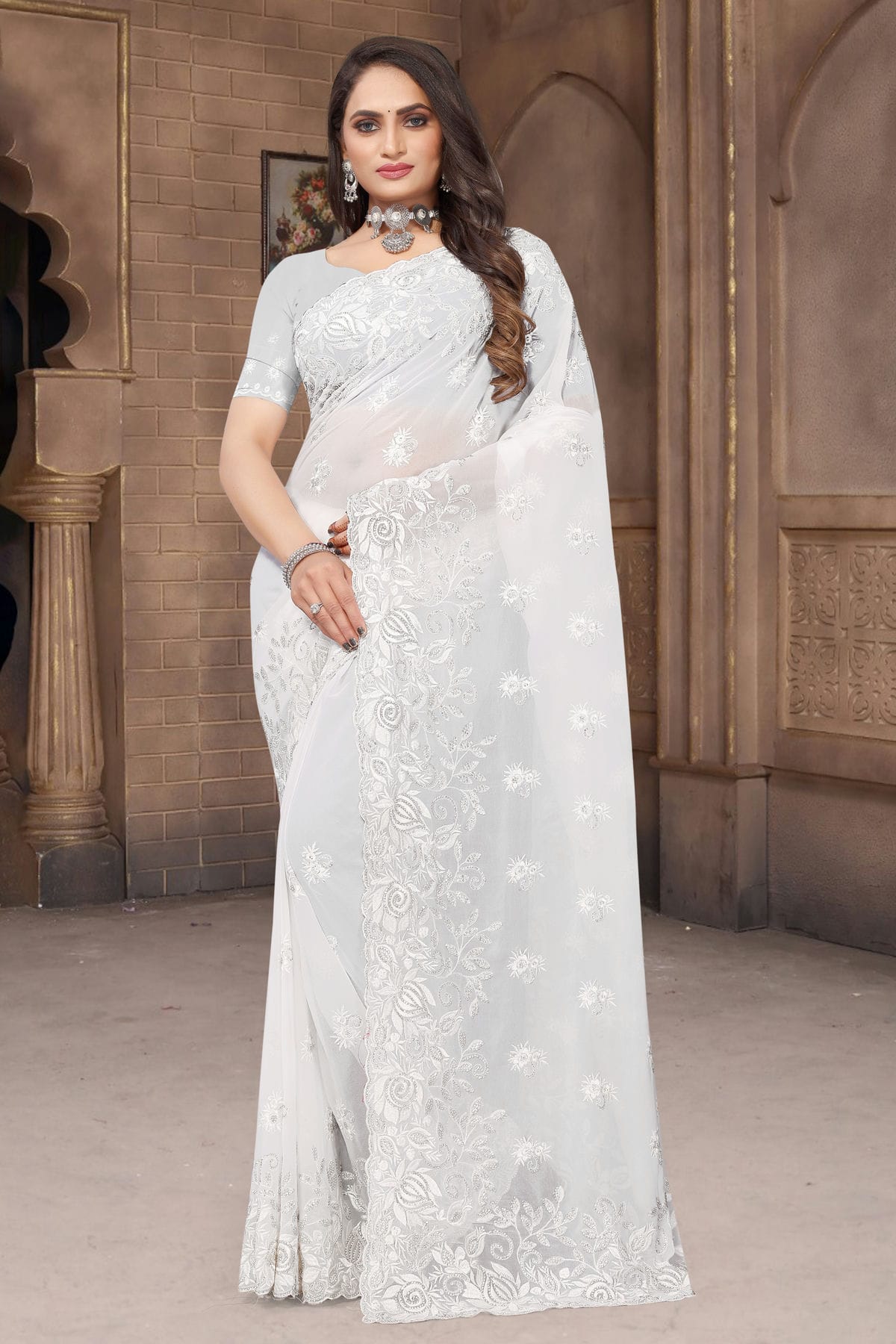 White Colour Georgette Saree