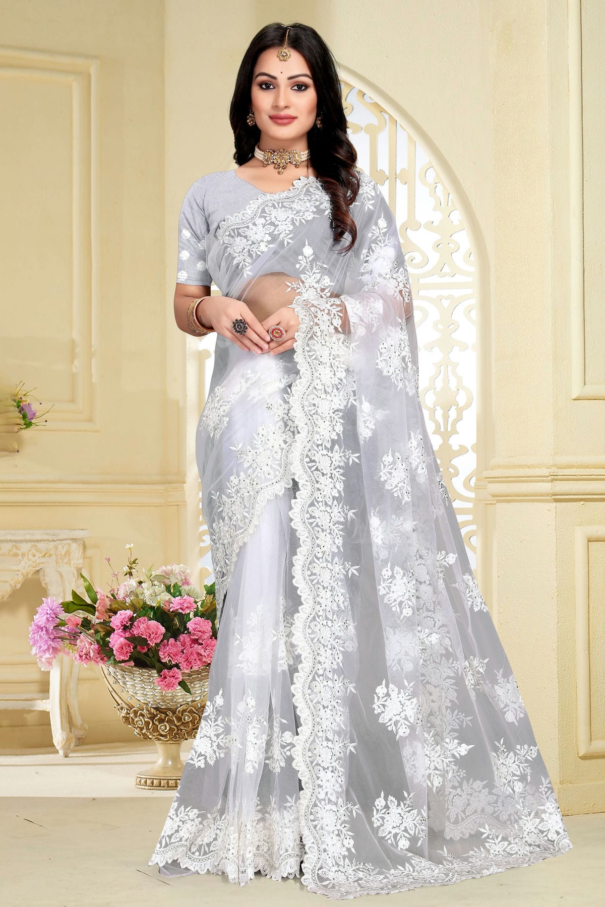 White Colour Net Saree