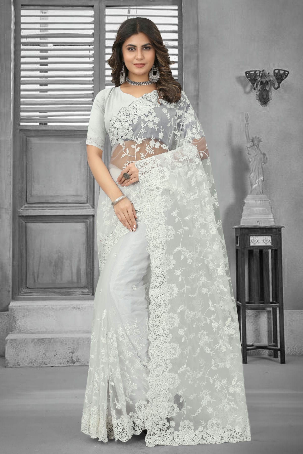 White Colour Net Saree