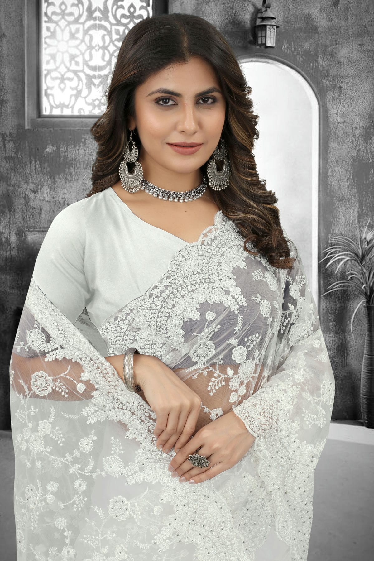 White Colour Net Saree