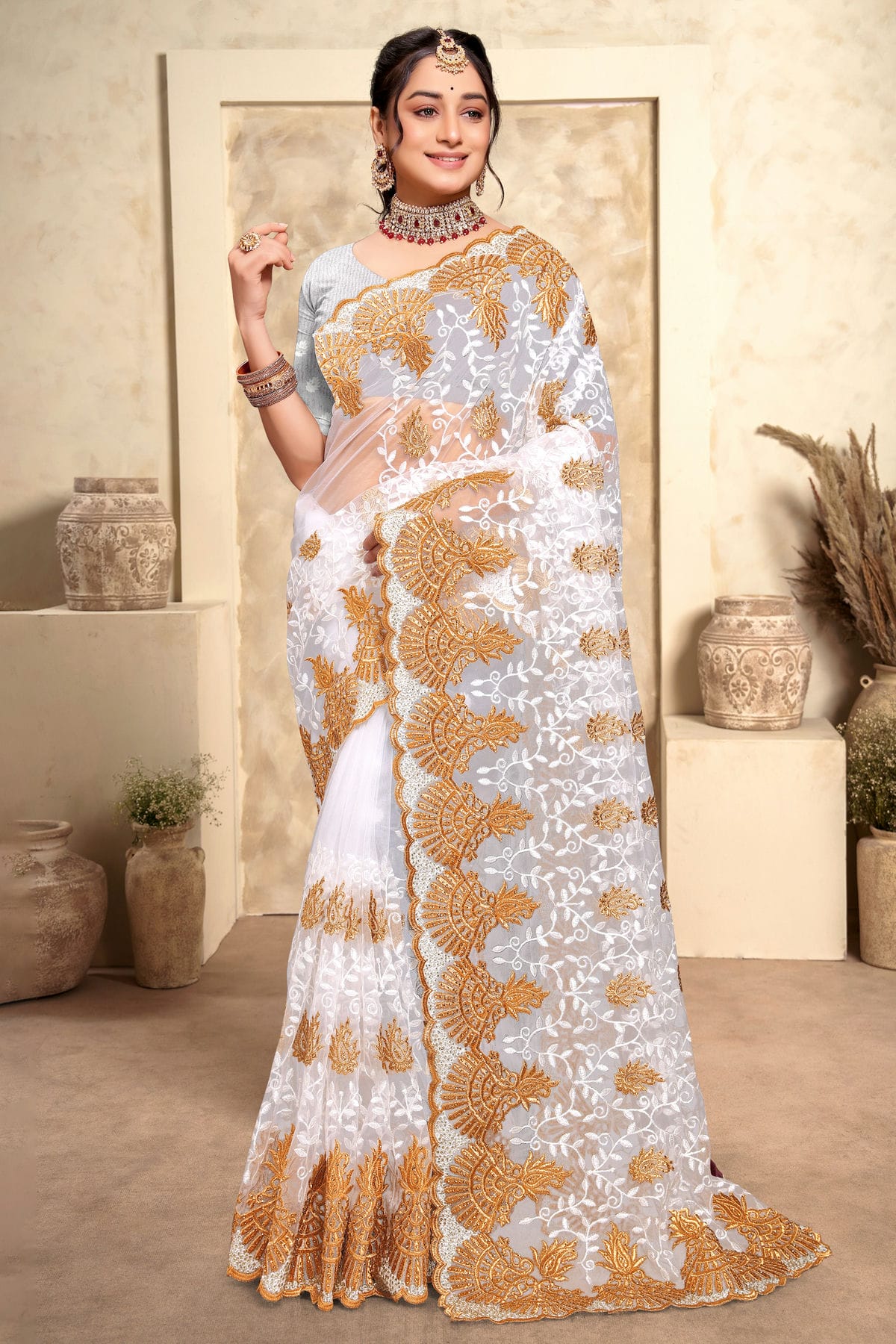 White Colour Net Saree