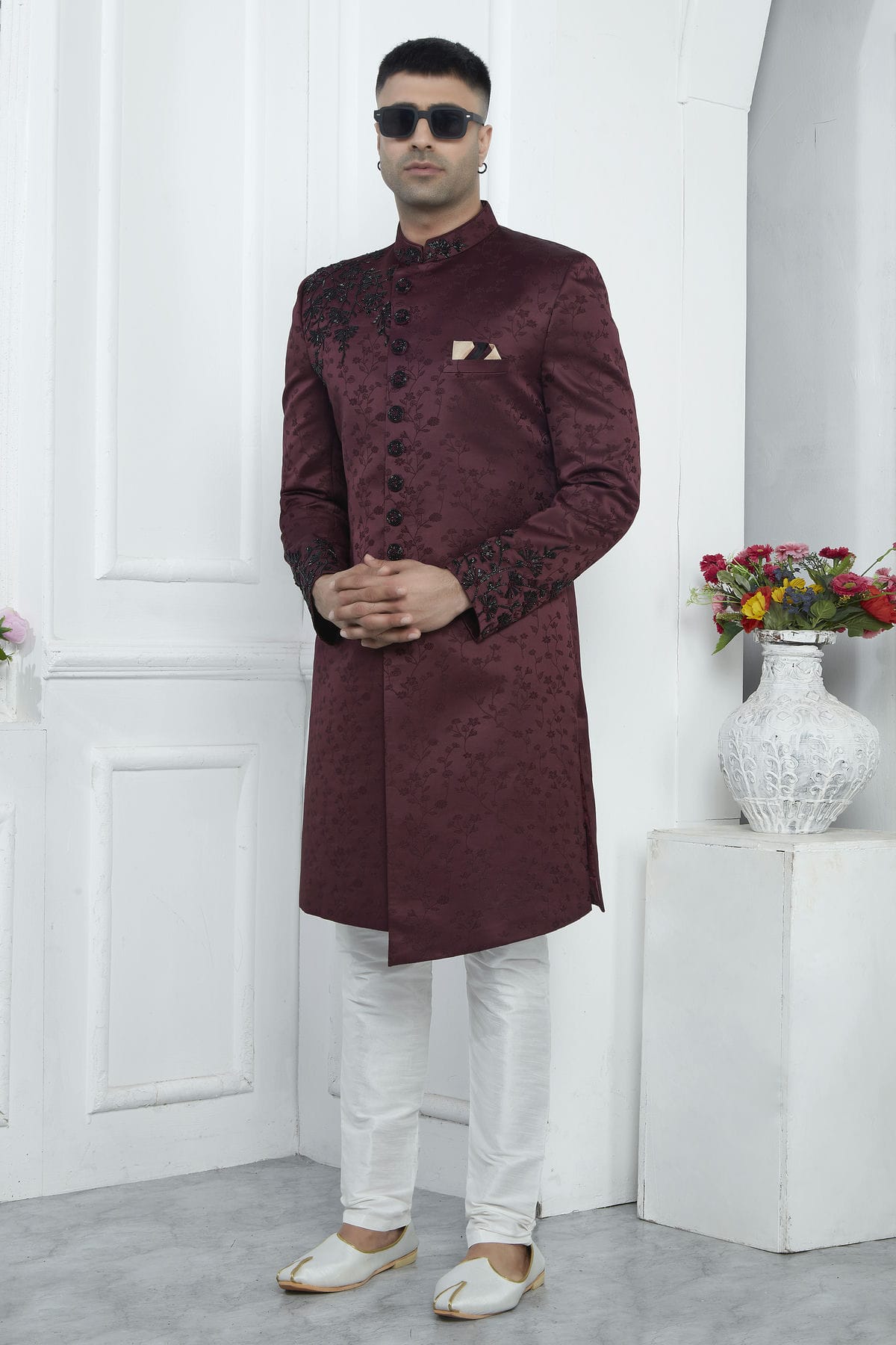 Wine Colour Art Silk Sherwani With Aligadhi Pant VSSH1230082