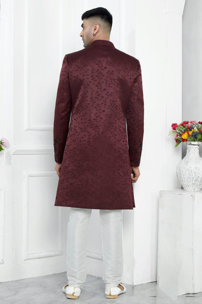 Wine Colour Art Silk Sherwani With Aligadhi Pant VSSH1230082