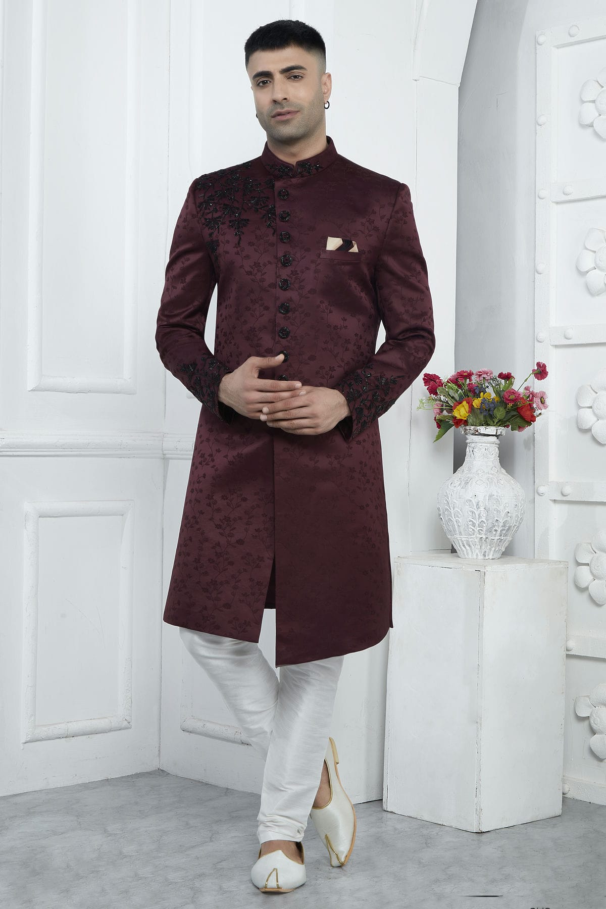 Wine Colour Art Silk Sherwani With Aligadhi Pant