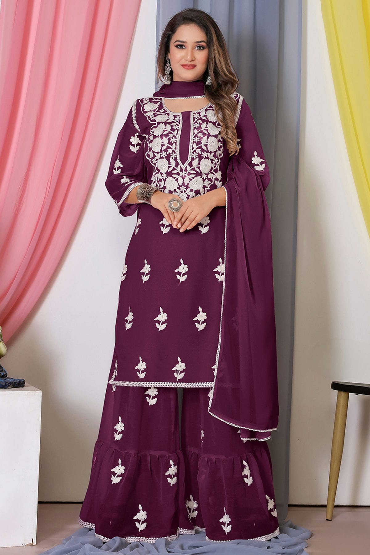 Wine Colour Bamber Georgette Sharara Suit