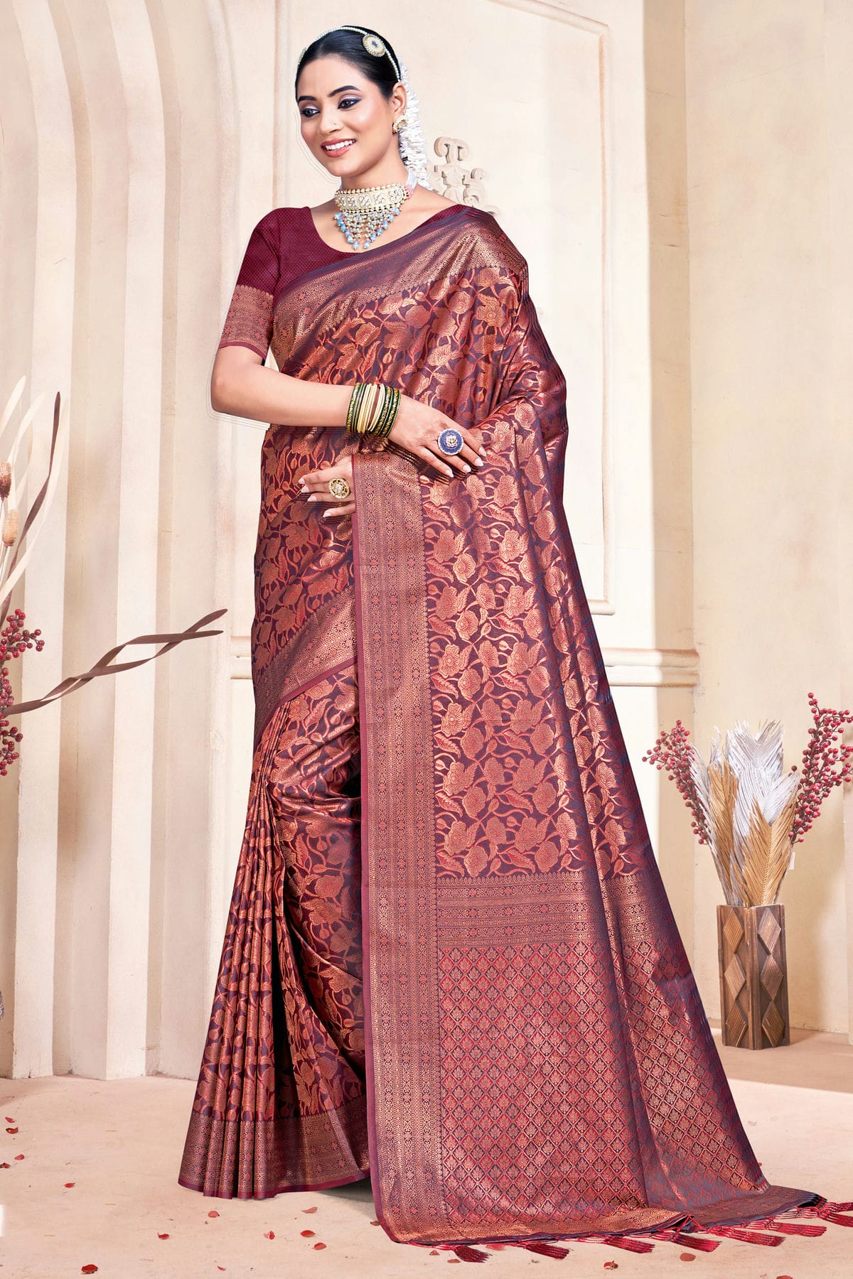 Wine Colour Banarasi Silk Traditional Saree