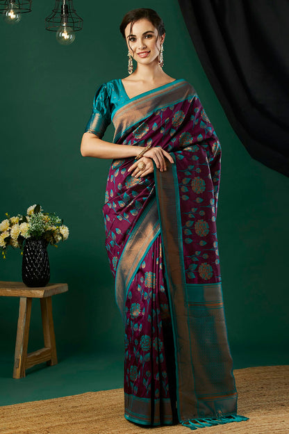 Wine Colour Banarasi Silk Traditional Saree