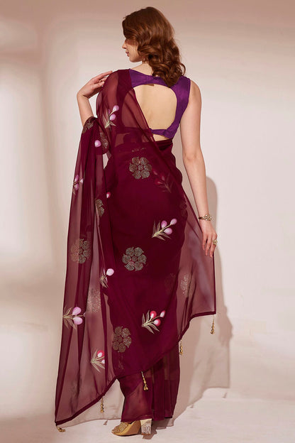 Wine Colour Blooming Organza Saree