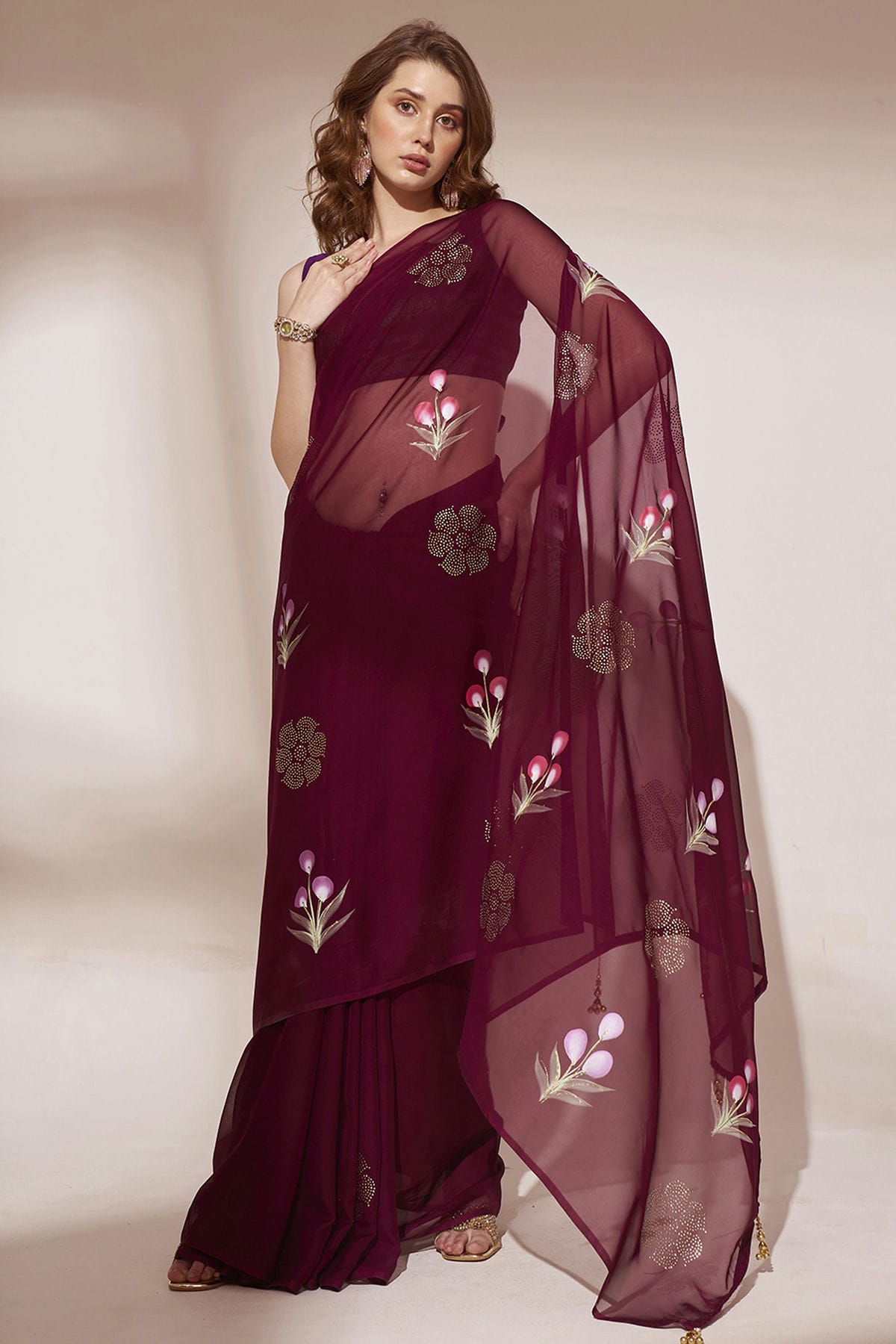 Wine Colour Blooming Organza Saree