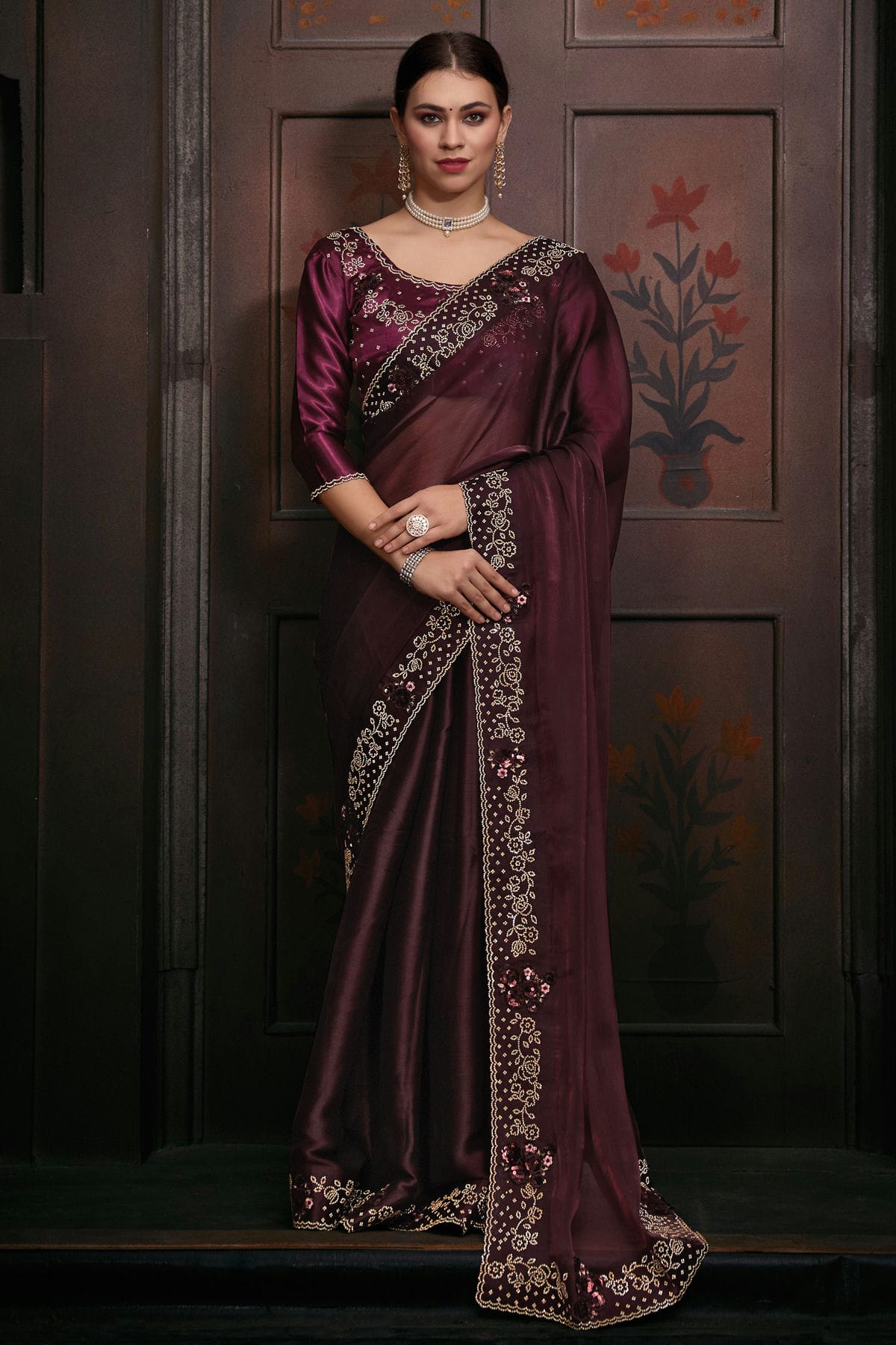 Wine Colour Burberry Silk Designer Saree