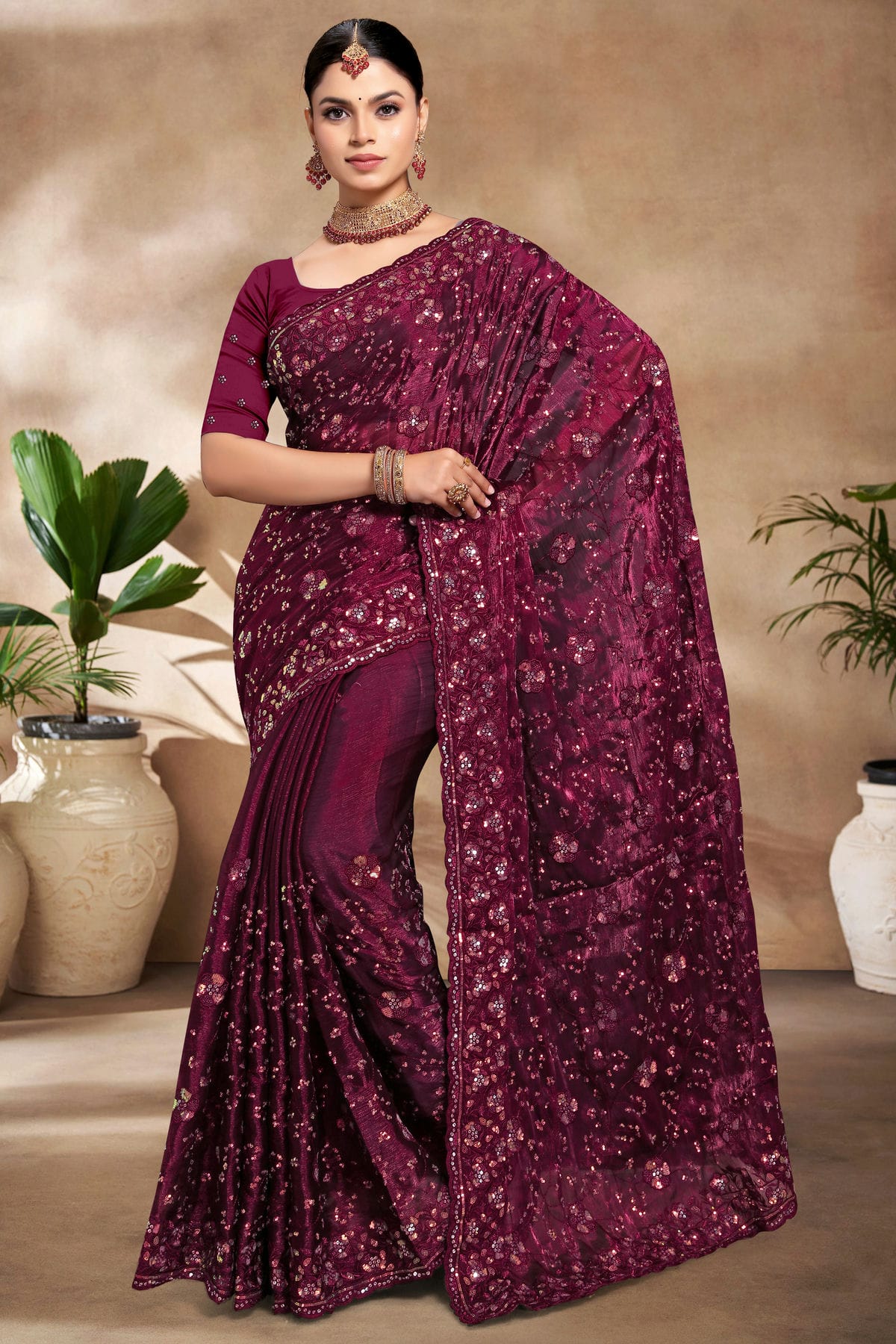 Wine Colour Burberry Silk Designer Saree