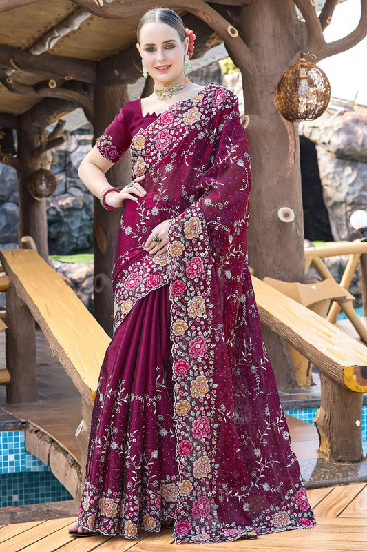 Wine Colour Burberry Silk Designer Saree