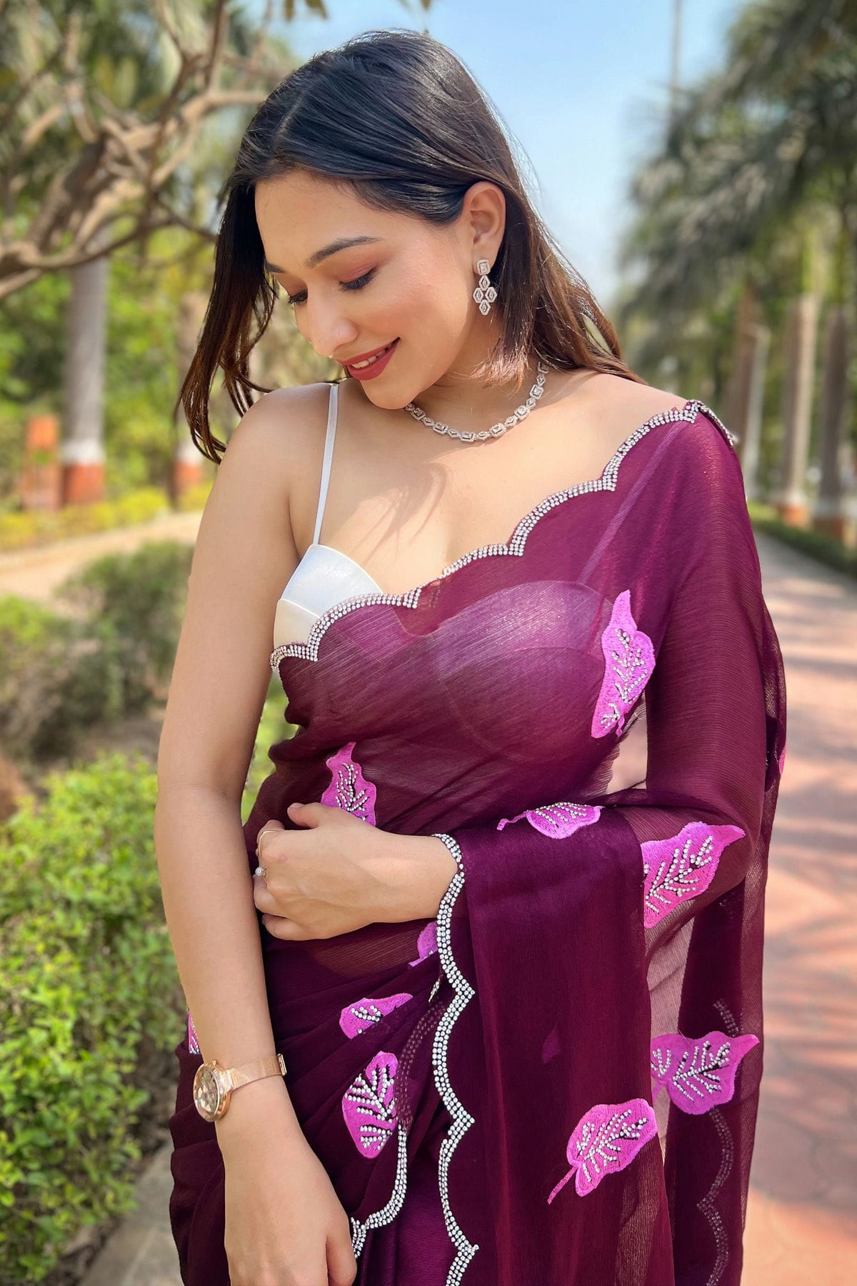 Wine Colour Chiffon Saree