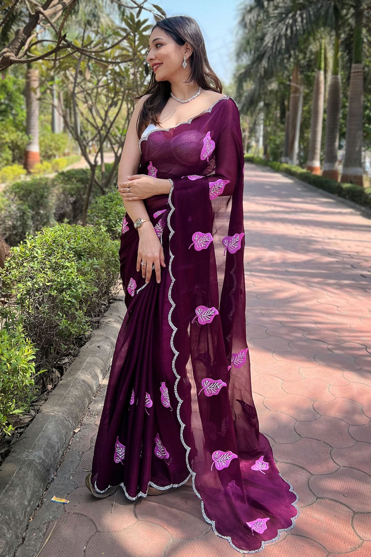 Wine Colour Chiffon Saree