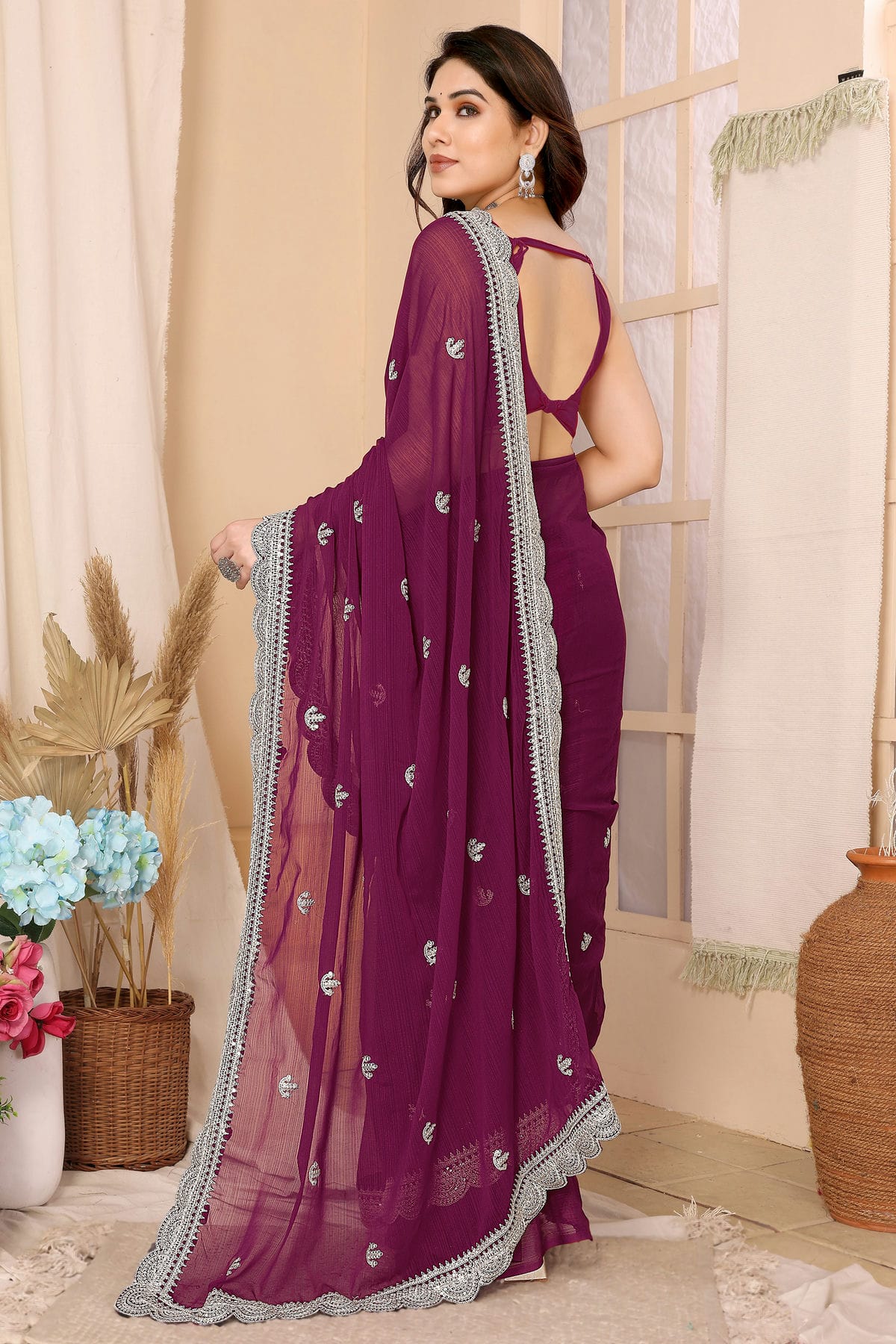 Wine Colour Chiffon Saree