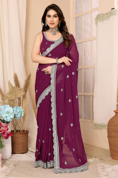 Wine Colour Chiffon Saree