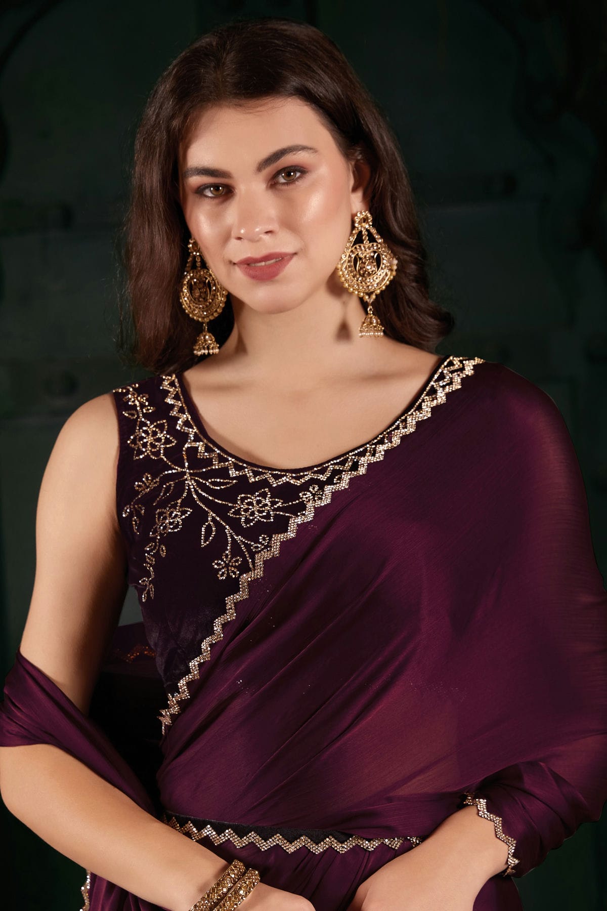 Wine Colour Chiffon Silk Designer Saree