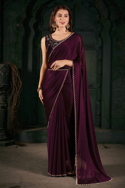 Wine Colour Chiffon Silk Designer Saree