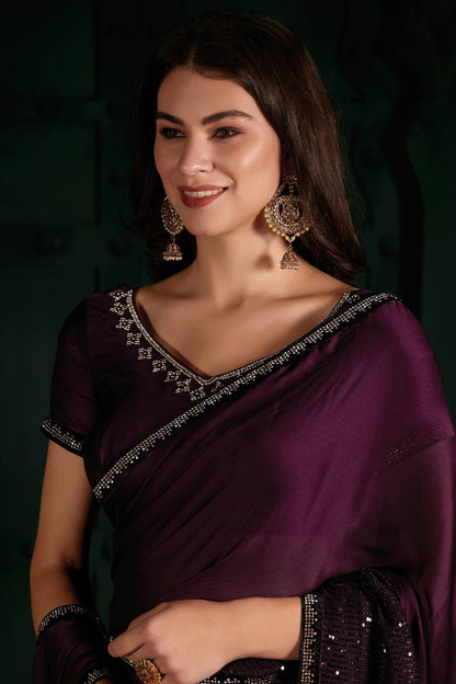 Wine Colour Chiffon Silk Designer Saree