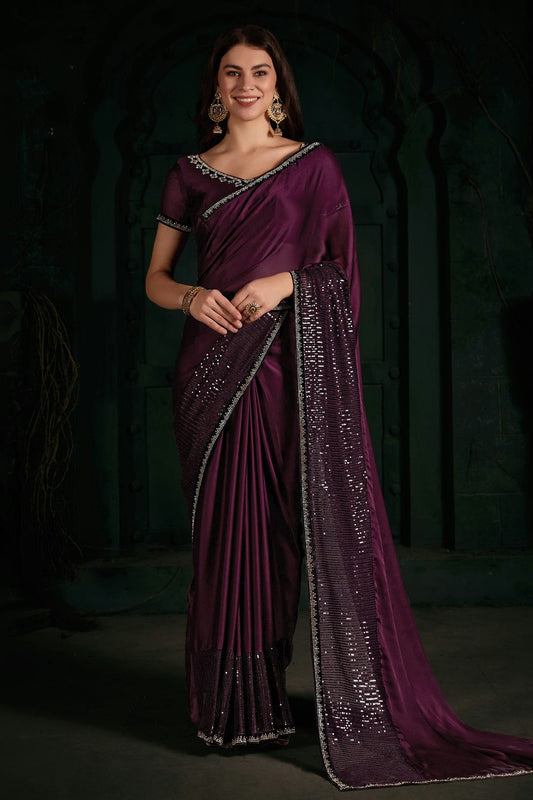 Wine Colour Chiffon Silk Designer Saree