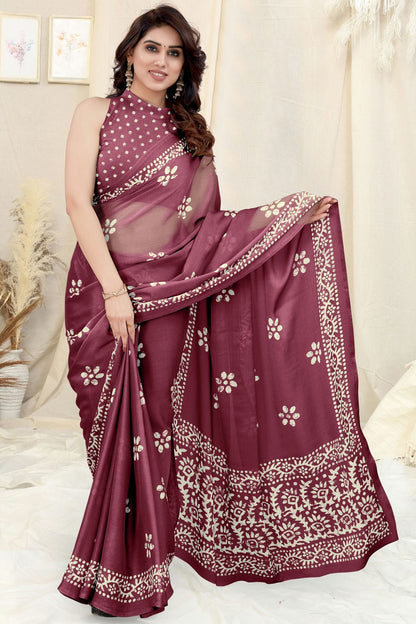 Wine Colour Chinon Chiffon Printed Saree